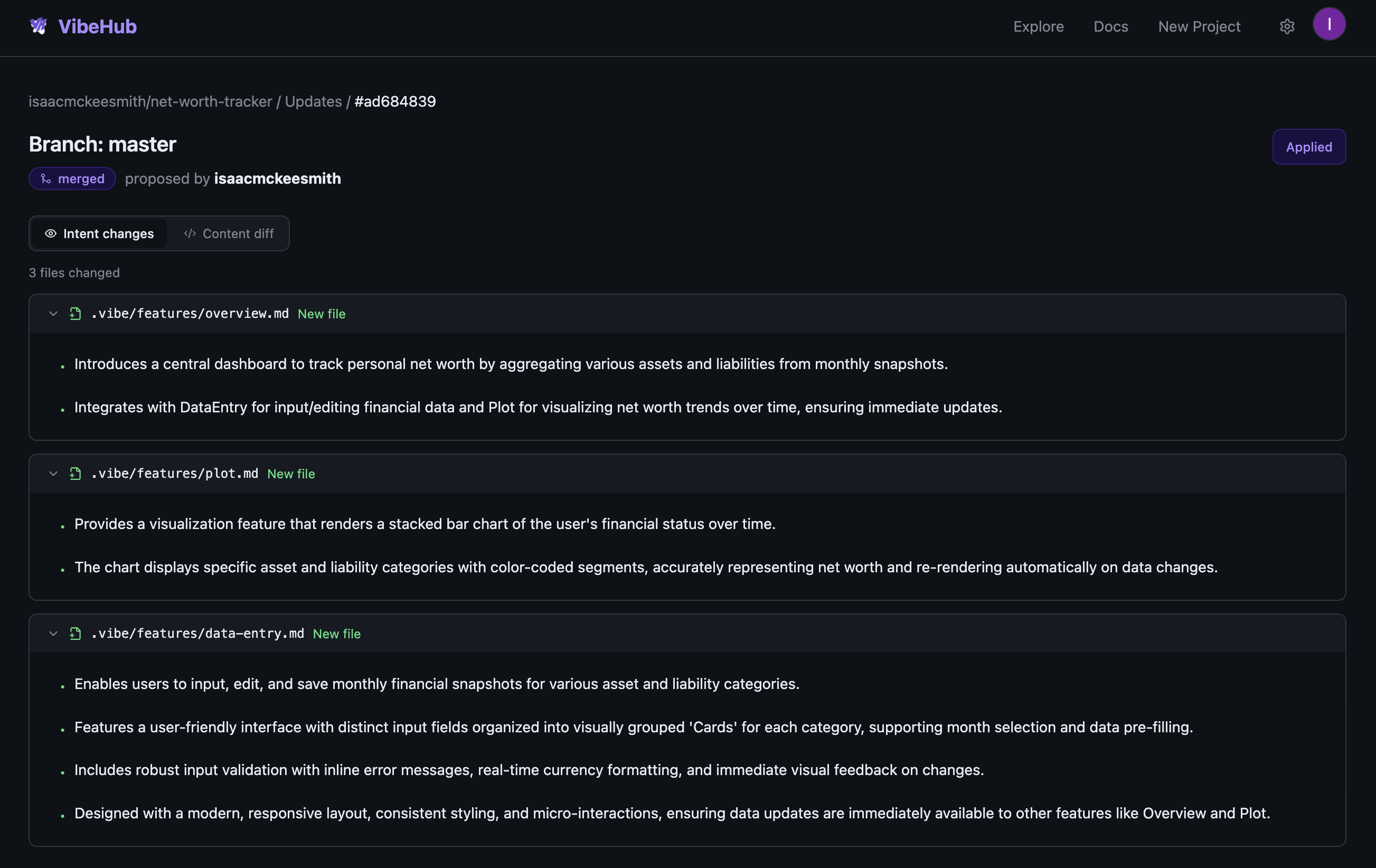 Intent-level diff showing spec changes