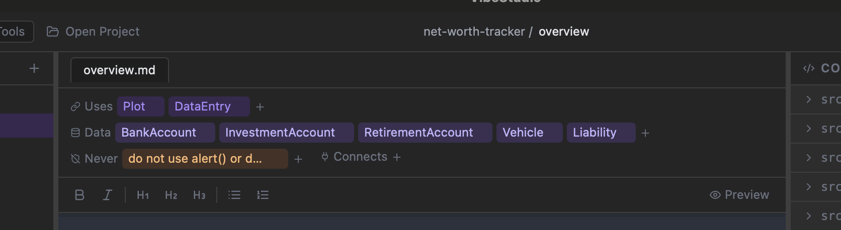 Top bar showing Data, Uses, and Never abstractions as pills