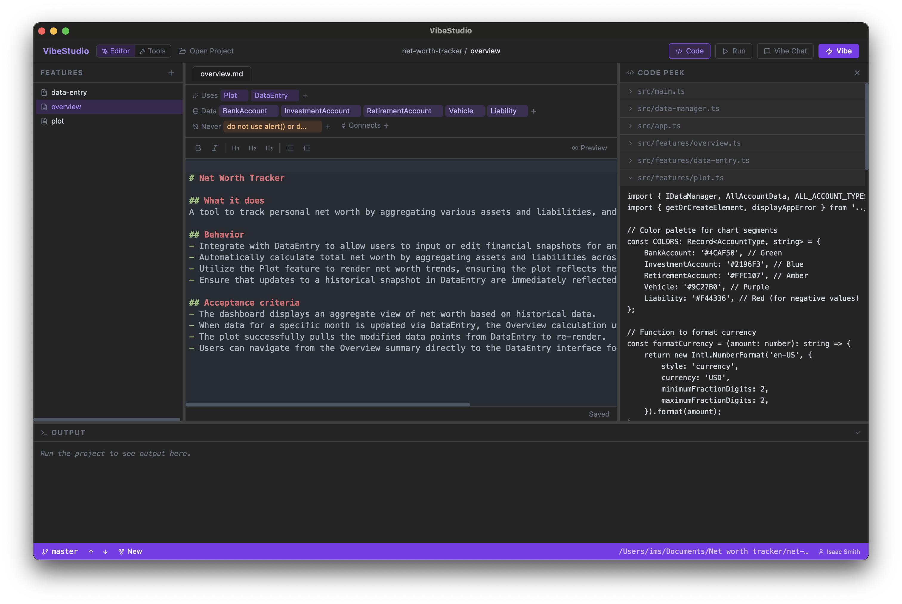 VibeStudio IDE with code peek open